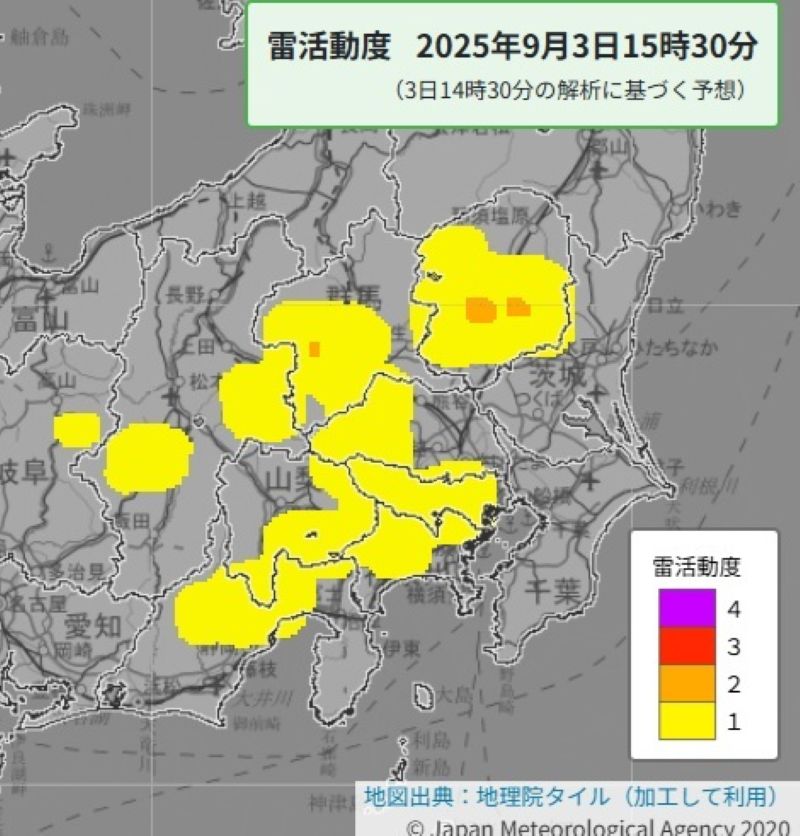 雷活動度（3日午後3時30分の予想、気象庁HPから）