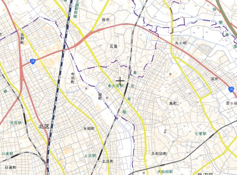 「マミープラス東大宮店」の位置（地図の中心付近）＝国土地理院HPから