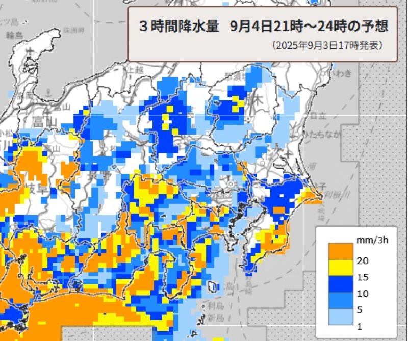 4日夜の雨（3時間降水量　4日午後9時から5日午前0時の予想）＝気象庁HPから