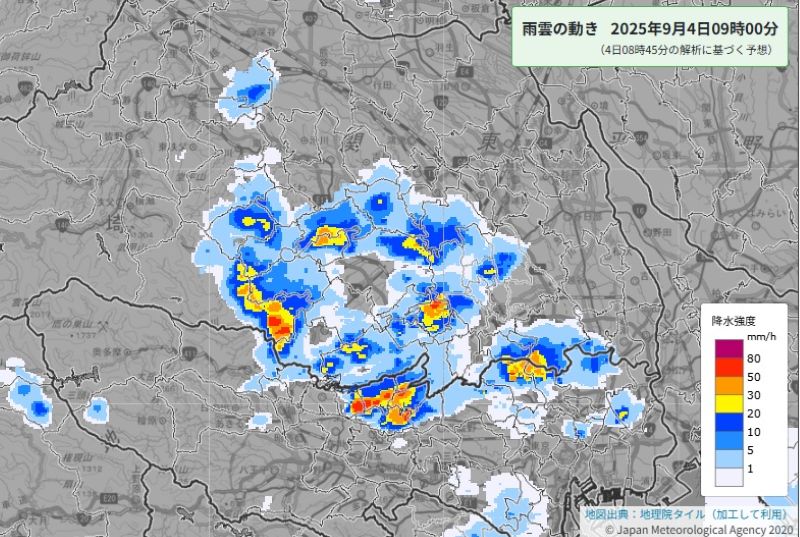 雨雲の動き（4日午前9時の予想、気象庁HPから）