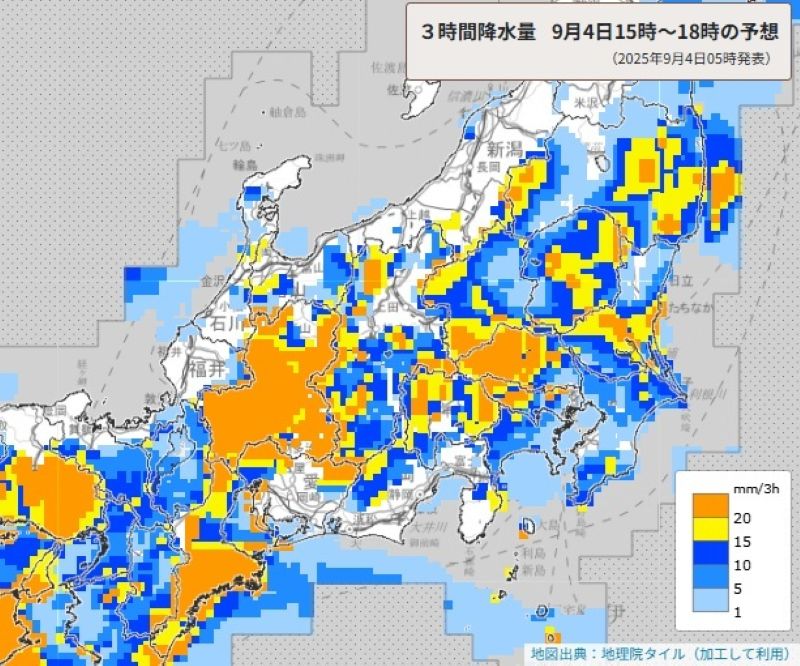 きょう午後の雨（4日午後3時から同6時の3時間降水量予想）