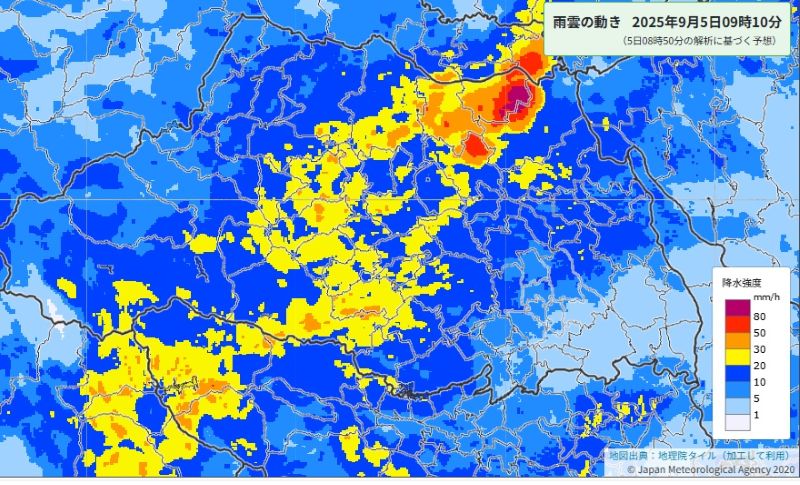 雨雲の動き（5日午前9時10分の予想、気象庁HPから）