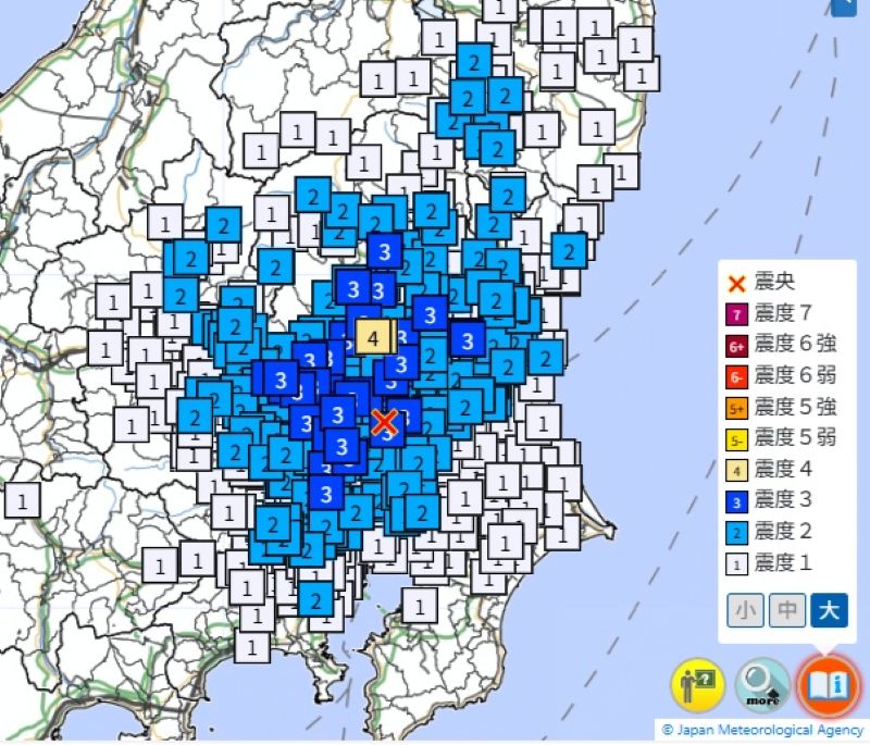震度分布図（5日午後9‎時、気象庁HPから）