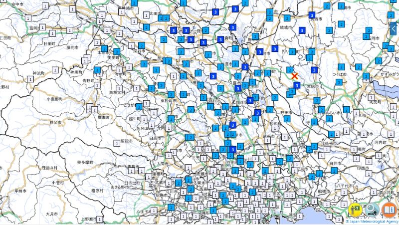 埼玉、東京の震度分布図（5日午後9時、気象庁HPから）