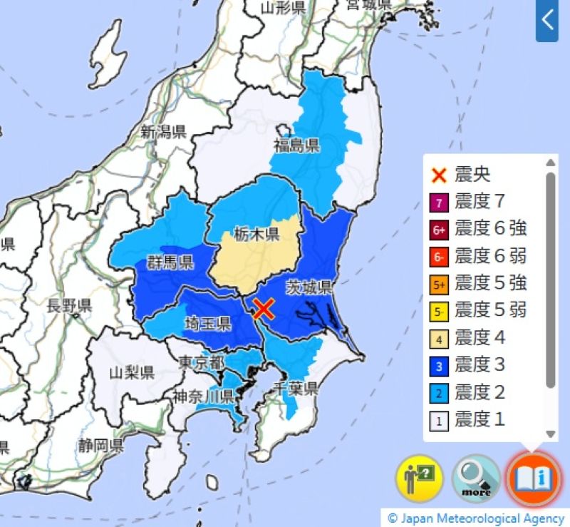 広域の震度分布図。山梨県、静岡県も揺れる（5日午後9時、気象庁HPから）