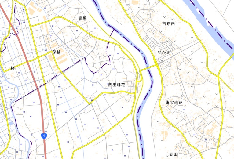 春日部市西宝珠花の位置（国土地理院HPから）