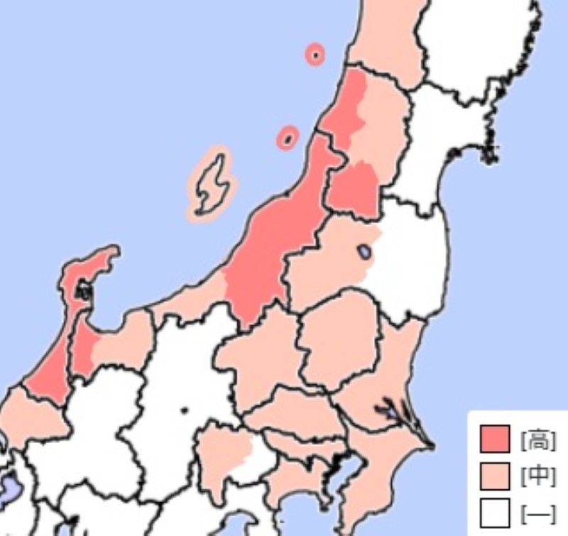 8日に大雨警報・注意報が出る可能性のあるエリア（早期注意情報、気象庁JPから）