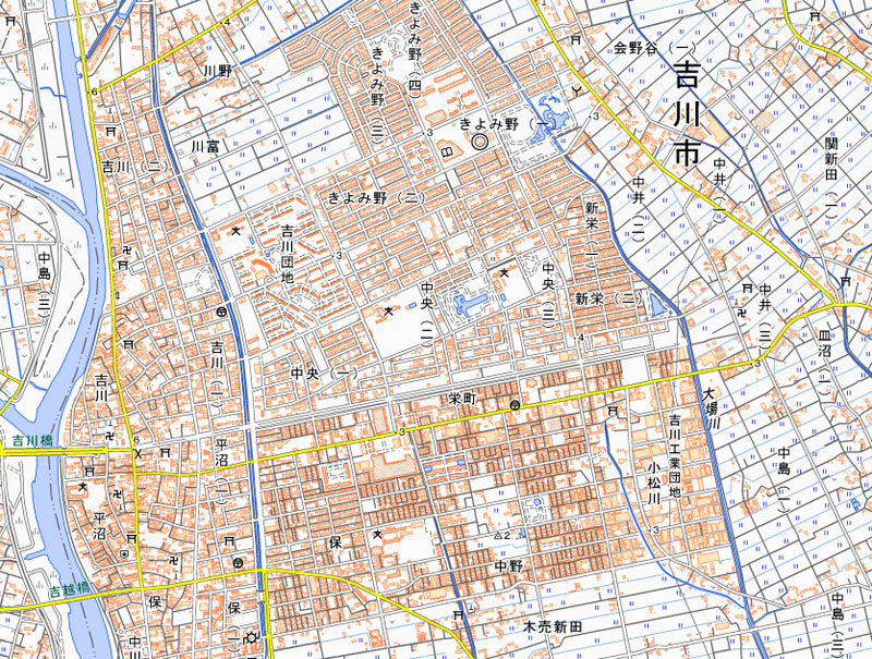 吉川市中央2丁目の周辺（国土地理院HPより）