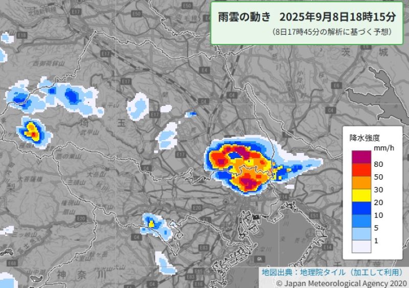 雨雲の動き（8日午後6時15分の予想、気象庁HPから)