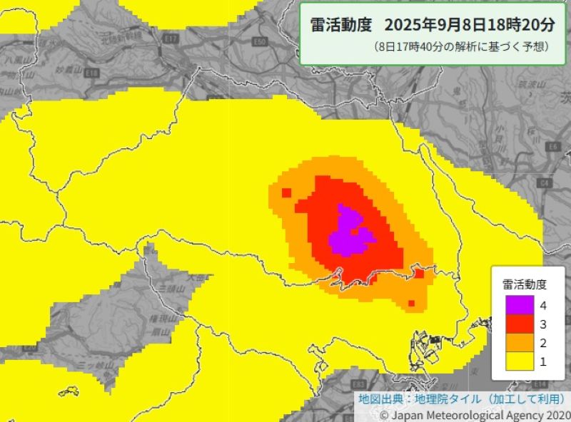 雷活動度（8日午後6時20分の予想、気象庁HPから）