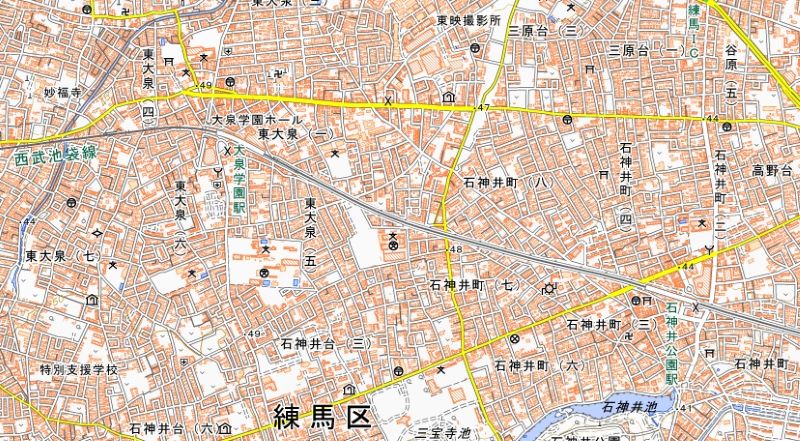 石神井公園―大泉学園駅間の位置（国土地理院HPから）