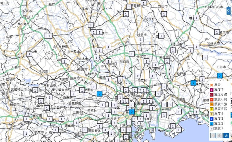 埼玉、東京の震度分布（9日午前8時53分、気象庁HPから）