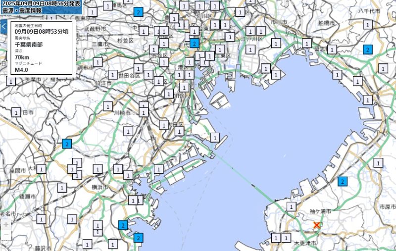 東京湾と震源地（図右下）の位置＝国土地理院HPから
