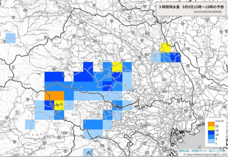 きょう夕方の3時間降水量（9日午後3⁮から同6時の予想）