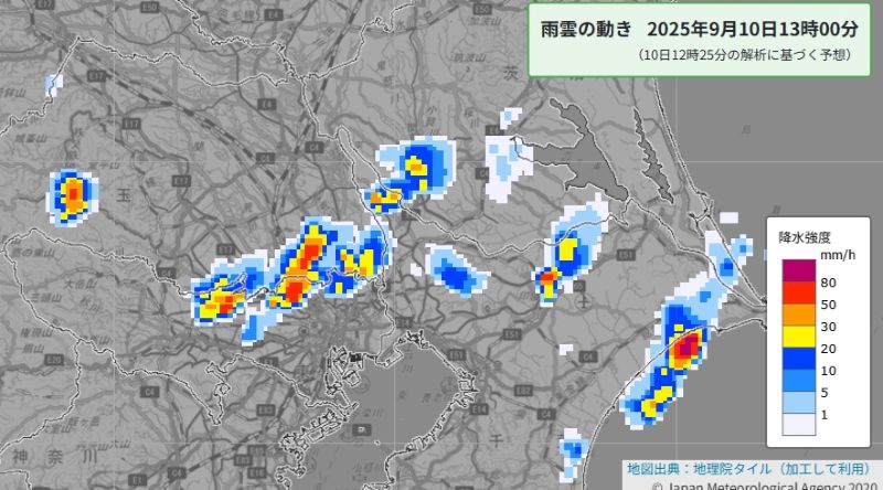 雨雲の動き（10日午後1時の予想、気象庁HPから）