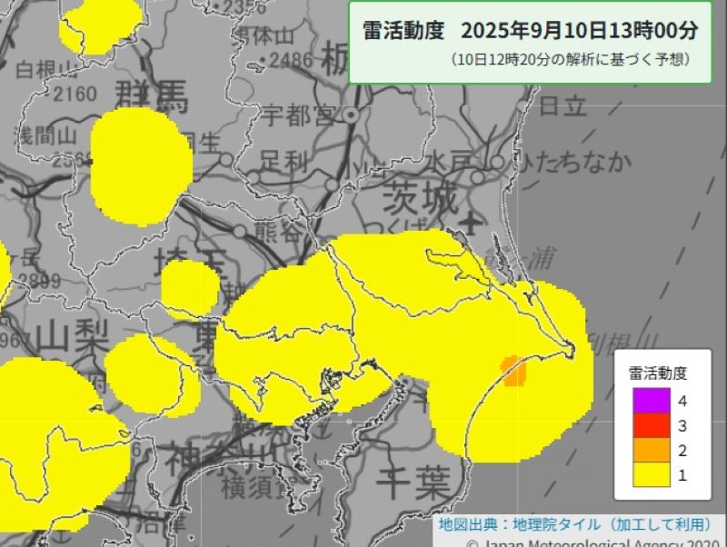 雷活動度（10日午後1時の予想、気象庁HPから）
