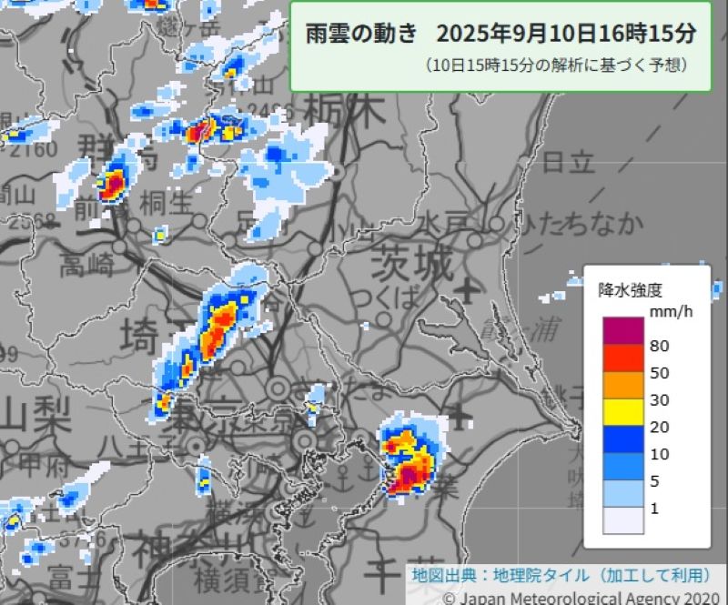 雨雲の動き（10日午後4時15分の予想、気象庁HPから）