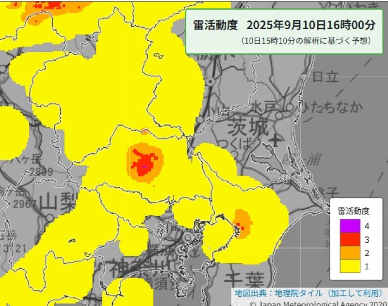 雷活動度（10日午後4時の予報、気象庁HPから）