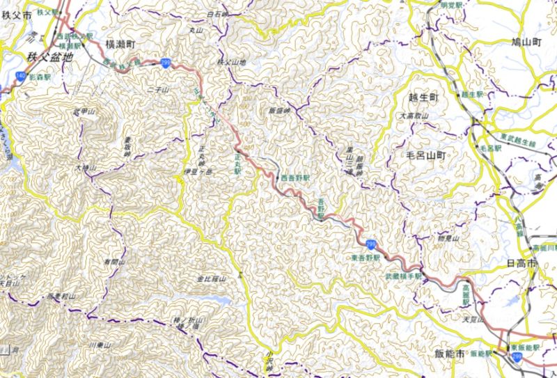 高麗―西武秩父駅間（国土地理院HPから）