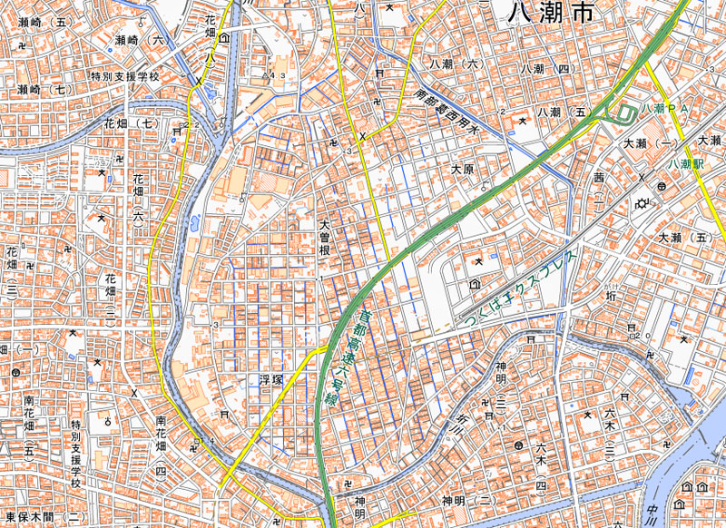 八潮市大曽根の周辺（国土地理院HPより）
