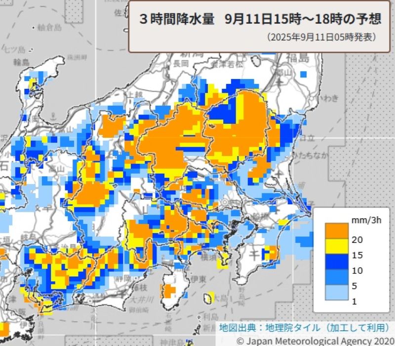 3時間降水量（11日午後3時から同6時の予想、気象庁HPから）
