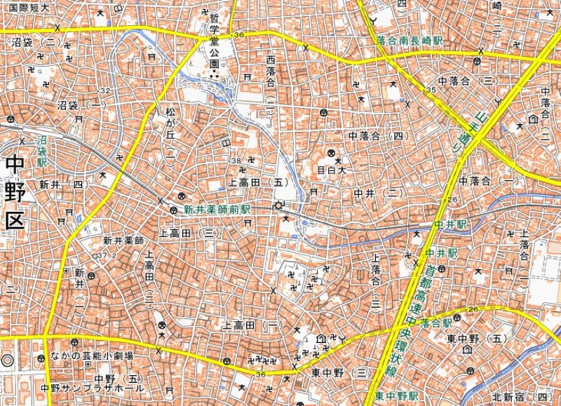 中井―新井薬師前駅間の位置＝国土地理院HPから