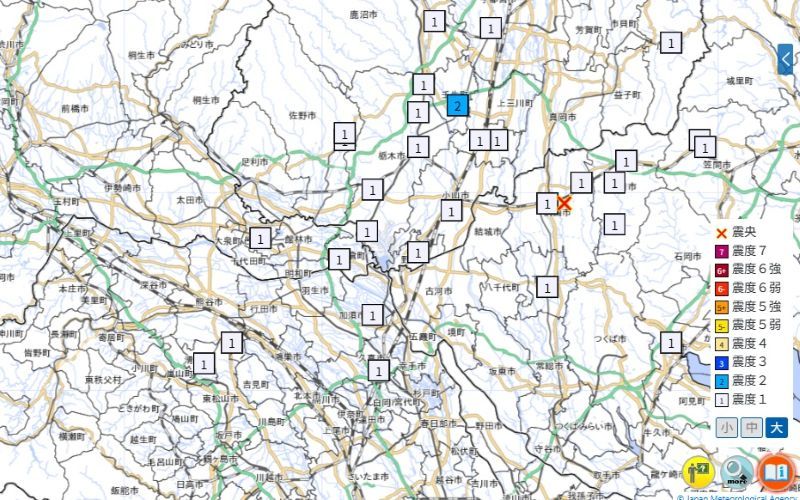 各地の震度（11日午後2時12分、気象庁HPから）