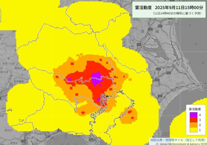 雷活動度（11日午後3時の予想、気象庁HPから）