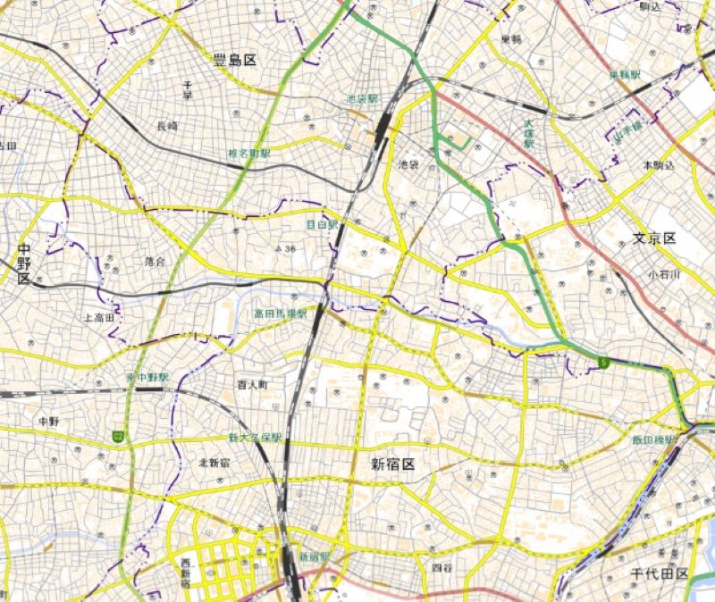 JR新宿―池袋駅間の周辺（国土地理院HPから）