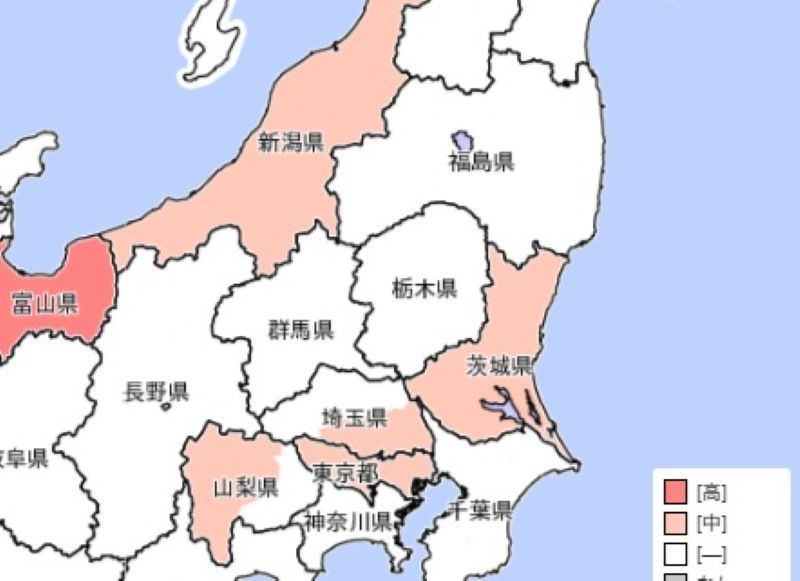 14～15日に大雨警報・注意報が出る可能性のあるエリア（早期注意情報、気象庁HPから）