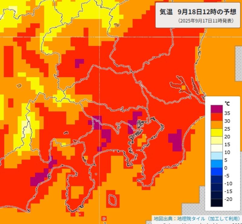 18日正午の気温予想（気象庁HPから）