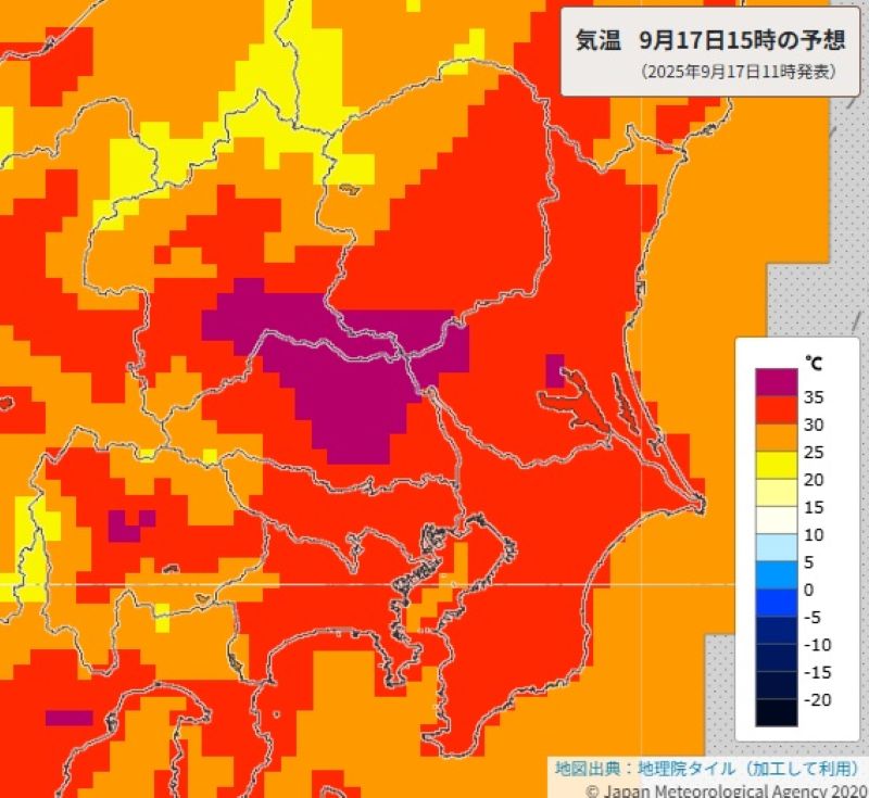 17日午後3時の気温予想（気象庁HPから）