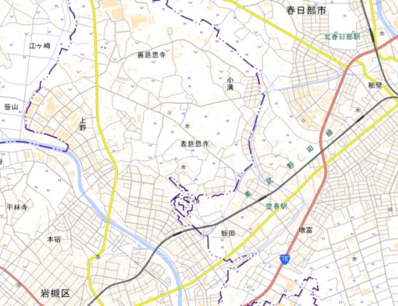 さいたま市岩槻区小溝、表慈恩寺、裏慈恩寺の位置（国土地理院HPから）