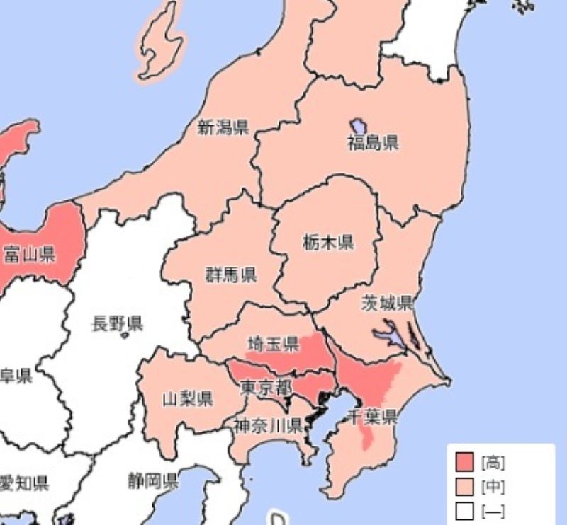 18日午前6時から19日午前0時までに警報級大雨となる可能性のあるエリア（早期注意情報、気象庁HPから）