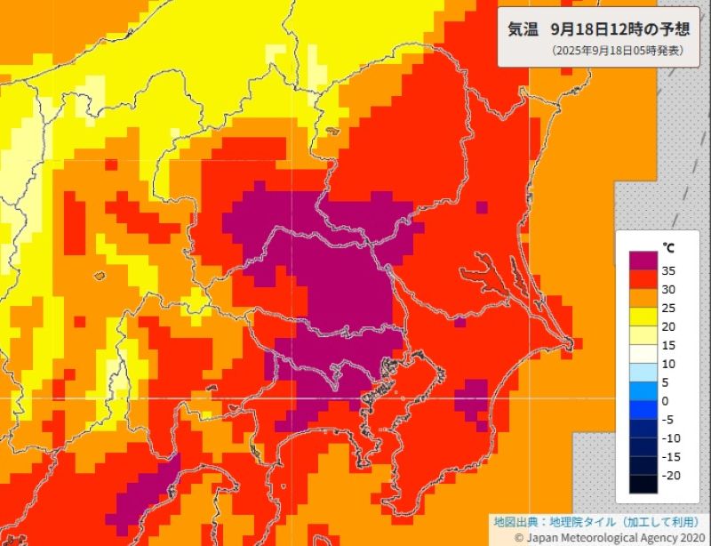 18日正午の気温予想（気象庁HPから）