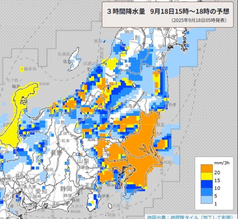 夕方の3時間降水量（18日午後3時から午後6時の予想、気象庁HPから）