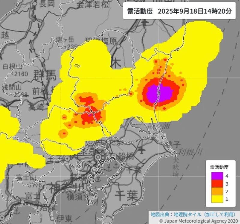 雷活動度（18日午後2時20分、気象庁HPから）
