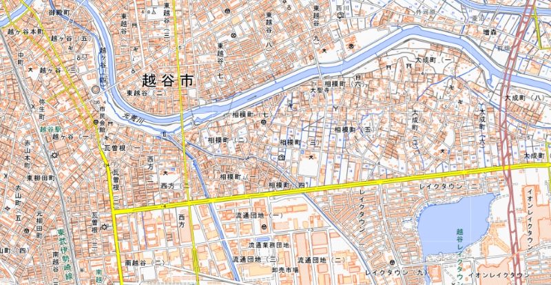 越谷市相模町1、7丁目の位置（地図の中央付近）＝国土地理院HPから