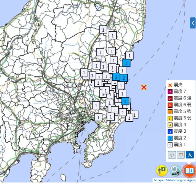 震源地と各地の震度（20日午前3時2分、気象庁HPから）