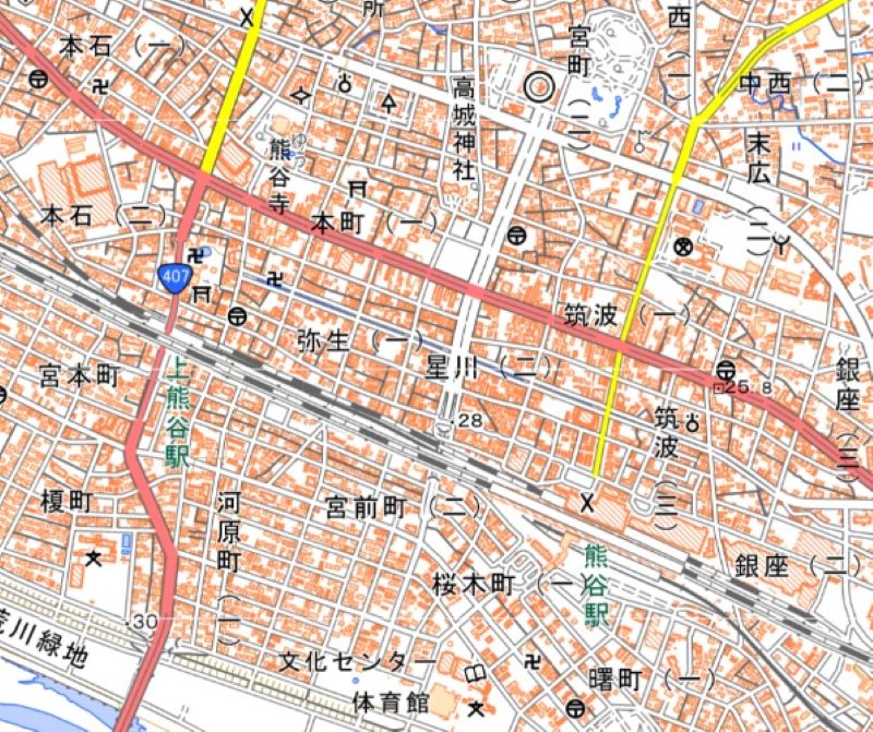 熊谷市弥生1丁目の位置（図の中央付近）＝国土地理院HPから