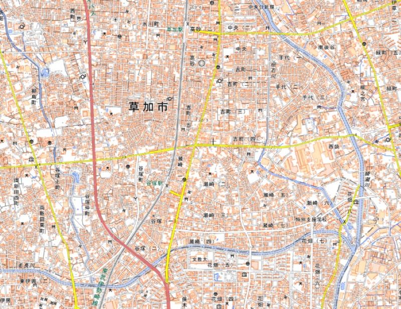 「（仮称）ベルク草加吉町店」の位置（地図の中央付近）＝国土地理院HPから