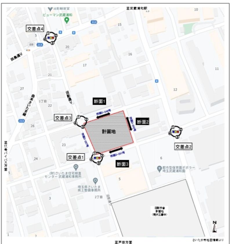新商業施設の周辺図（「（仮称）浦和沼影商業施設計画」大店法提出資料から）