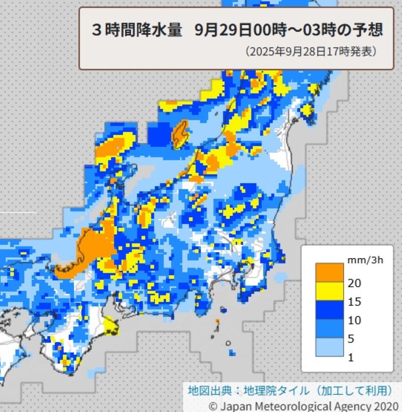 3時間降水量の予想（29日午前0時から午前3時、気象庁HPから）