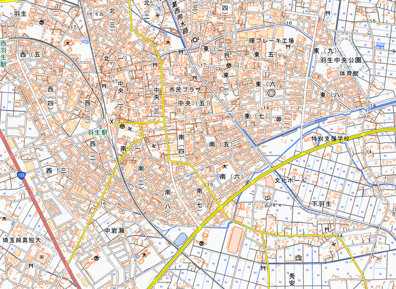 羽生市南6丁目の周辺（国土地理院HPより）