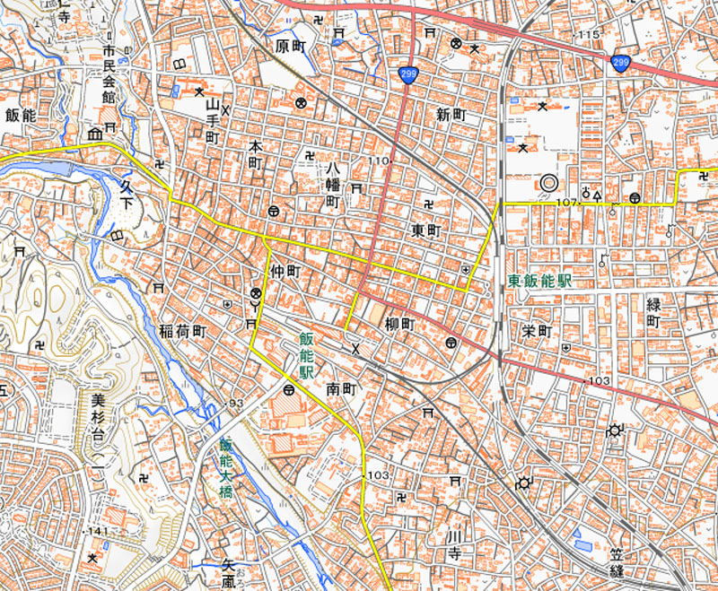 飯能市仲町の周辺（国土地理院HPより）