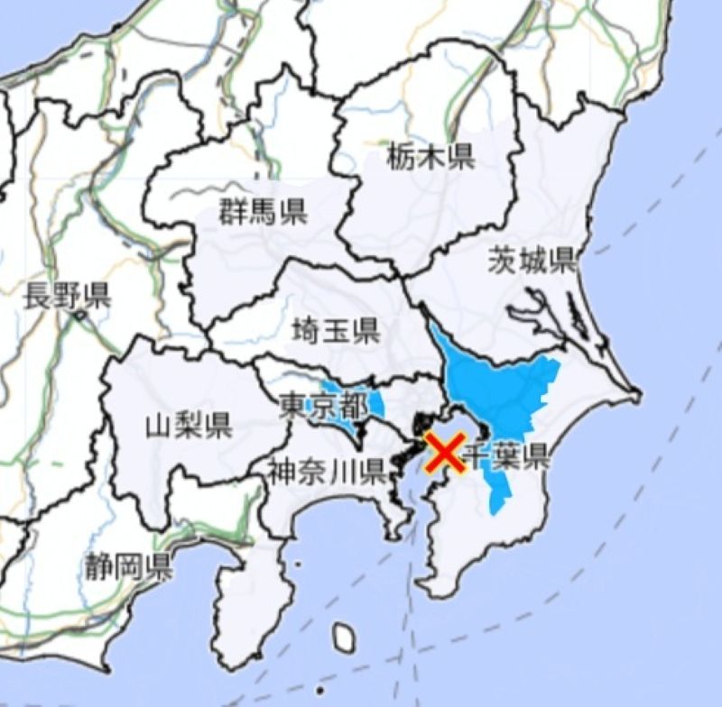 東京湾の震源地と震度分布（気象庁HPから）