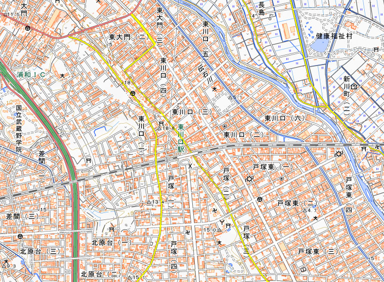 川口市東川口3丁目の周辺（国土地理院HPより）