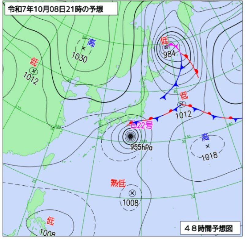 8日午後9時の予想天気図（気象庁HPから）