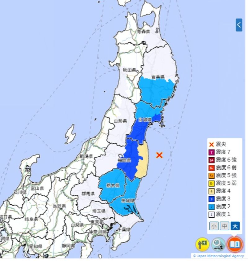 震度分布の全体図（気象庁HPから）