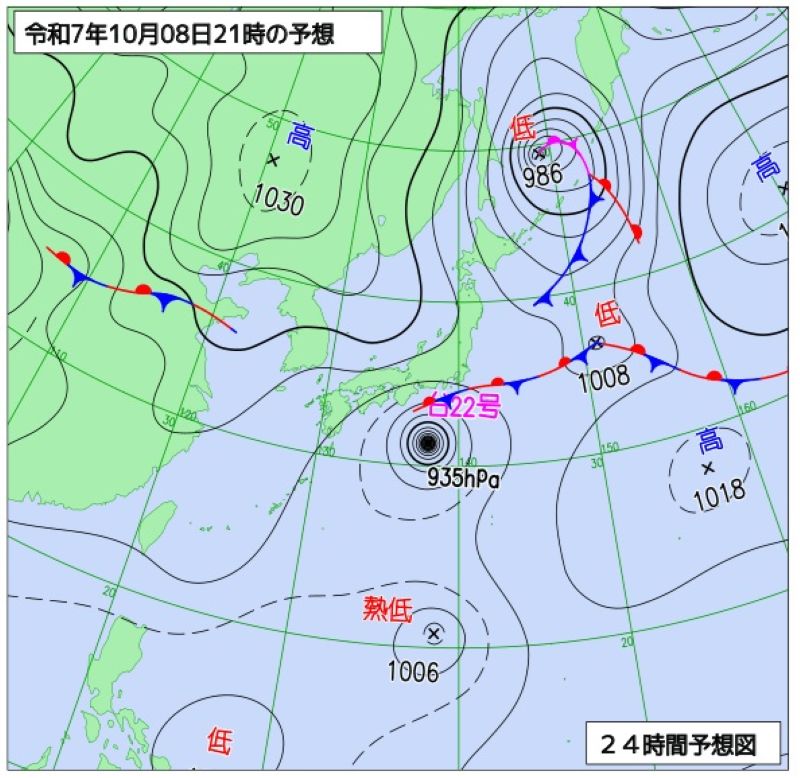 8日午後9時の予想天気図（気象庁HPから）